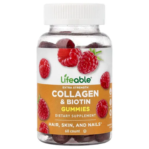 Lifeable, Gomitas con colágeno y biotina, Frambuesa natural, 60 gomitas