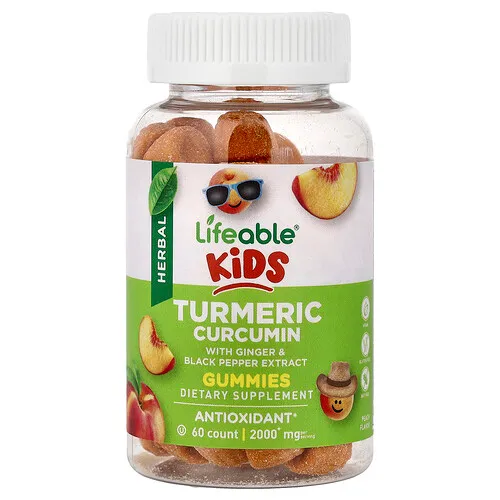 Lifeable, Gomitas de curcumina de cúrcuma con extracto de jengibre y pimienta negra para niños, Melocotón, 60 gomitas