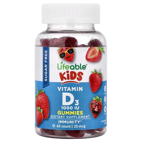 Lifeable, Gomitas con vitamina D3 para niños, Sin azúcar, Fresa, 25 mcg (1000 UI), 60 gomitas