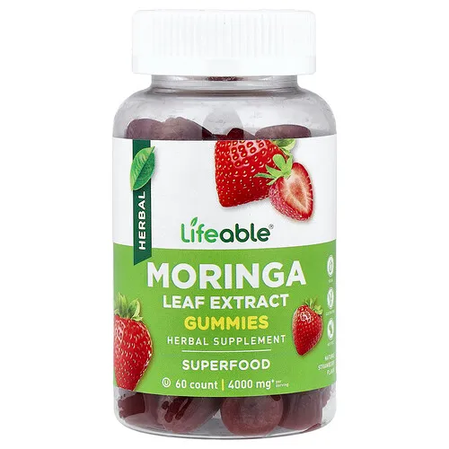 Lifeable, Gomitas con extracto de hoja de moringa, Sabor natural a fresa, 60 gomitas (200 mg por gomita)