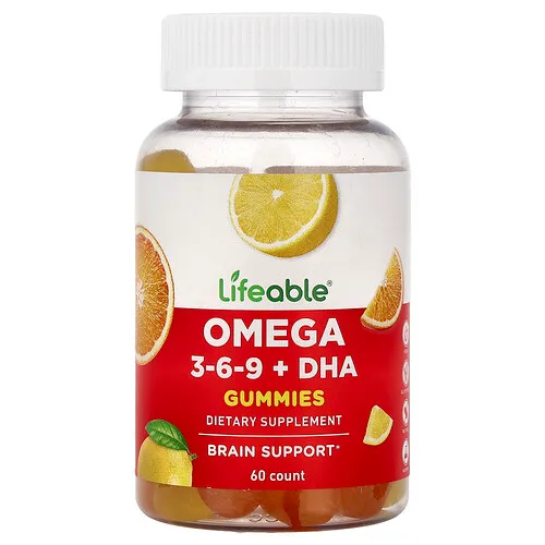 Lifeable, Gomitas con DHA y omega-3, -6 y -9, Naranja y limón, 60 gomitas