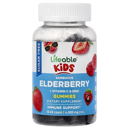 Lifeable, Gomitas para niños, Saúco Sambucus más vitamina C y zinc, Baya, 60 gomitas