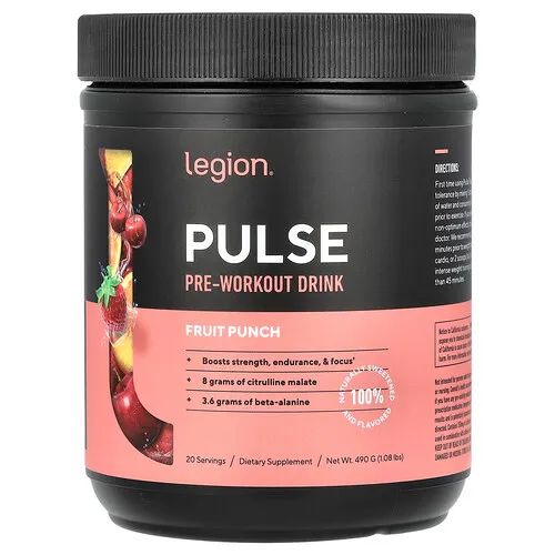 Legion Athletics, Pulse, Bebida para preentrenamiento, Ponche de frutas, 490 g (1,08 lb)