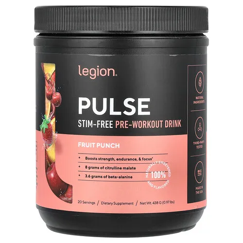 Legion Athletics, Pulse, Bebida para preentrenamiento sin estimulantes, Ponche de frutas, 438 g (0,97 lb)