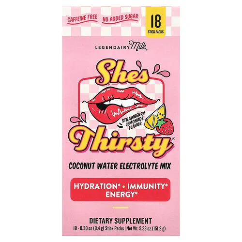Legendairy Milk, She's Thirsty®, Mezcla de electrolitos de agua de coco, Limonada de fresa (caja), 18 sobrecitos, 8,4 g (0,3 oz) cada uno