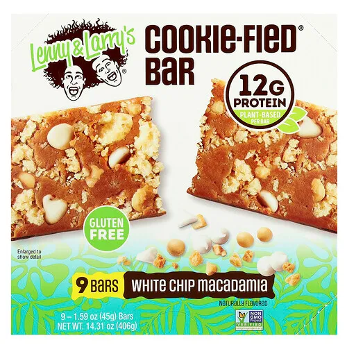 Lenny & Larry's, Barrita Cookie-Fied®, Bocadillos de macadamia blanca, 9 barritas, 45 g (1,59 oz) cada una