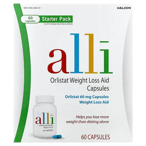 Alli, Orlistat, Ayuda para la pérdida de peso, Paquete de iniciación, 60 mg, 60 cápsulas