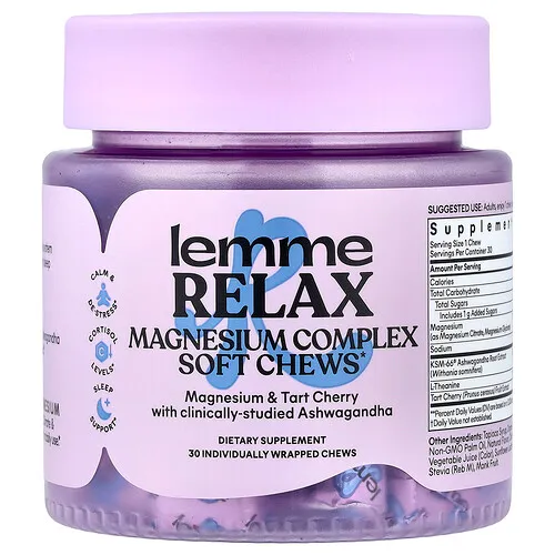 Lemme, Relax, Complejo de magnesio en comprimidos masticables blandos, Limonada de zarzamora, 30 comprimidos masticables en envoltorios individuales individuales