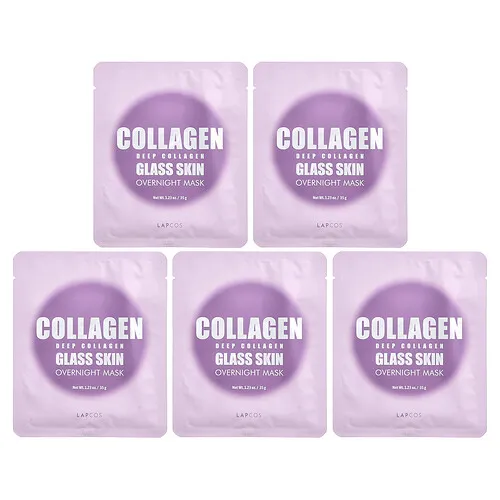 Lapcos, Mascarilla de belleza para la noche con colágeno profundo, Piel de vidrio, 4 láminas, 35 g (1,23 oz) cada una