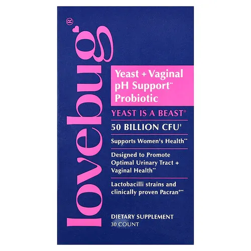 LoveBug Probiotics, Probiótico para reforzar el pH vaginal y proteger contra las infecciones provocadas por hongos en forma de levadura, 50.000 millones de UFC, 30 cápsulas