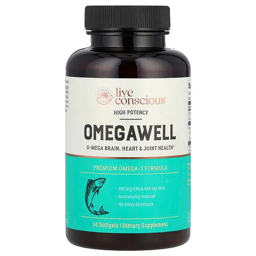 Live Conscious, OmegaWell, Fórmula prémium con omega-3, Alta potencia, 60 cápsulas blandas (1000 mg por cápsula blanda)