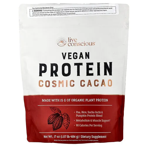 Live Conscious, Proteína vegana, Cacao cósmico, 484 g (1,07 lb)