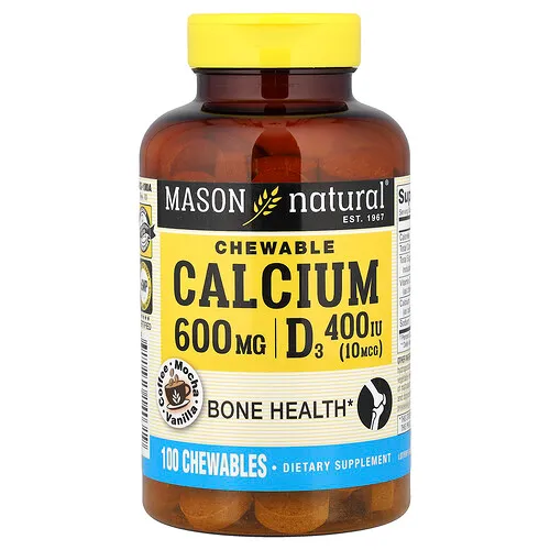 Mason Natural, Calcio masticable + vitamina D3, Sabor a café y moca, 600 mg, 100 comprimidos masticables