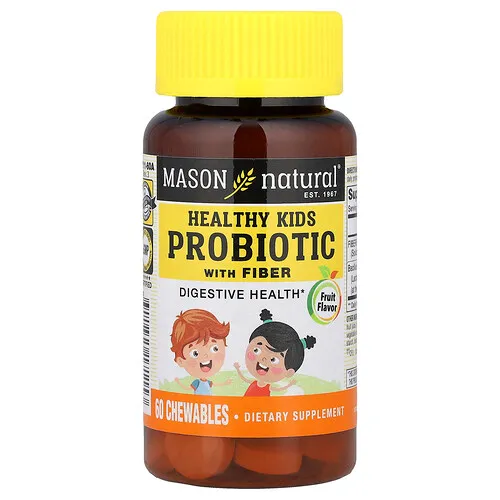 Mason Natural, Probiótico con fibra para niños saludables, 60 comprimidos masticables