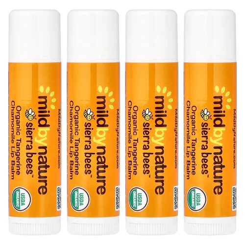 Mild By Nature, Bálsamos labiales orgánicos, Mandarina y manzanilla, Paquete de 4 unidades, 4,25 g (0,15 oz) cada una