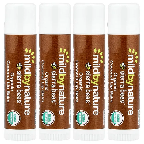Mild By Nature, Sierra Bees™, Bálsamos labiales orgánicos, Coco, Paquete de 4 unidades, 4.25 g (0.15 oz) c/u