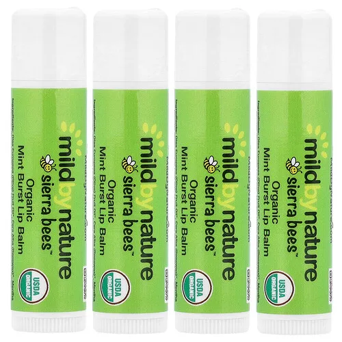 Mild By Nature, Sierra Bees™, Bálsamos labiales orgánicos, Explosión de menta, 4 unidades, 4,25 g (0,15 oz) cada una