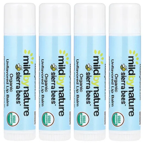 Mild By Nature, Sierra Bees™, Bálsamos labiales orgánicos, Sin sabor, 4 unidades, 4,25 g (0,15 oz) cada una
