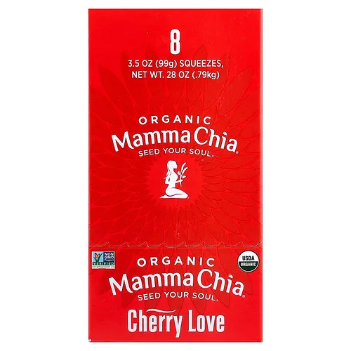 Mamma Chia, Chia Squeeze® orgánica, Bocadillo de vitalidad, Amor de cereza, 8 paquetes, 99 g (3,5 oz) cada uno