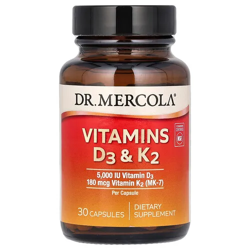 Dr. Mercola, Vitaminas D3 y K2, 30 cápsulas