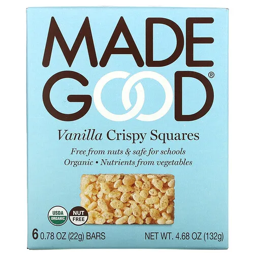 MadeGood, Orgánico, cuadrados crujientes, vainilla, 6 barras, 0.78 oz (22 g) c/u