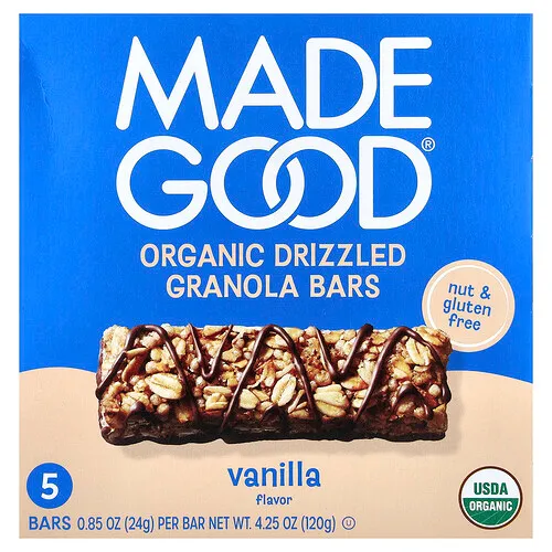 MadeGood, Barritas de granola orgánica rociada, Vainilla, 5 barritas, 24 g (0,85 oz) cada una