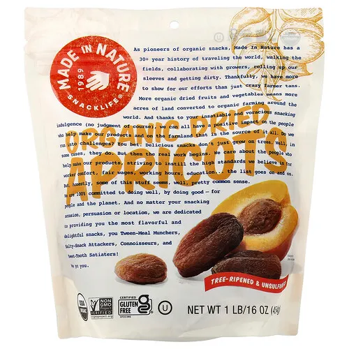Made in Nature, Albaricoques orgánicos deshidratados, In The Buff Supersnacks, 454 g (1 lb)