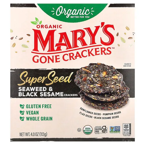 Mary's Gone Crackers, Super galletas con semillas orgánicas, Algas marinas y sésamo negro, 113 g (4 oz)