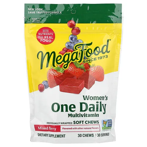 MegaFood, Suplemento multivitamínico de una ingesta diaria para mujeres, Bayas mixtas, 30 comprimidos masticables blandos en envoltorios individuales