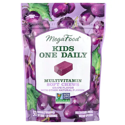 MegaFood, Kids One Daily, Masticables blandos multivitamínicos, Uva, 30 comprimidos masticables blandos envueltos individualmente