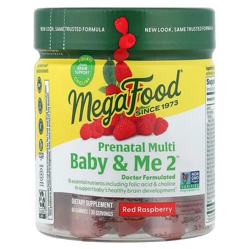 MegaFood, Baby & Me 2™, Suplemento multivitamínico prenatal, Frambuesa roja, 60 gomitas