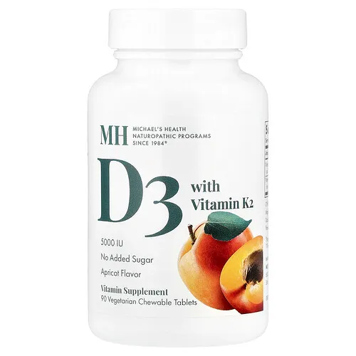 Michael's Health, Vitamina D3 con vitamina K2, Albaricoque, 5000 UI, 90 comprimidos masticables vegetales