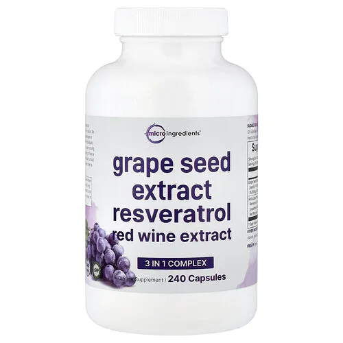 Micro Ingredients, Extracto de semilla de uva, Resveratrol y extracto de vino tinto, 240 cápsulas