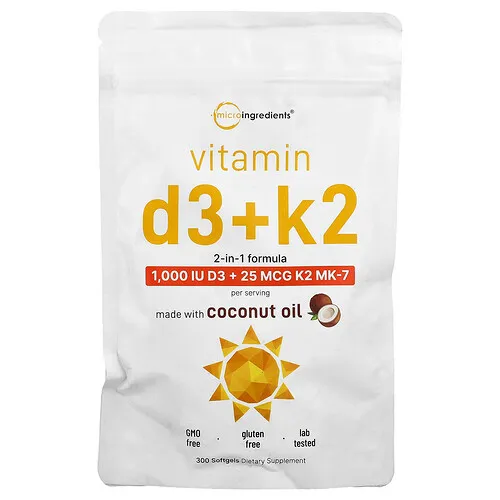 Micro Ingredients, Vitaminas D3 y K2, 300 cápsulas blandas