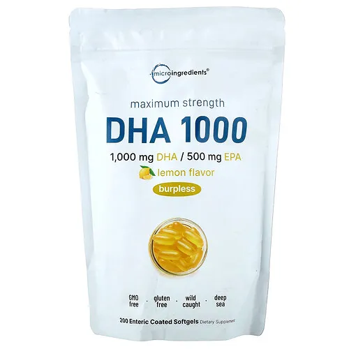 Micro Ingredients, DHA 1000, Limón, 200 cápsulas blandas con recubrimiento entérico