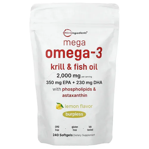 Micro Ingredients, Mega omega-3, Kril y aceite de pescado con fosfolípidos y astaxantina, Limón, 240 cápsulas blandas