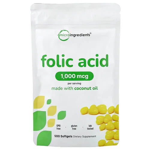Micro Ingredients, Ácido fólico, 1000 mcg, 500 cápsulas blandas