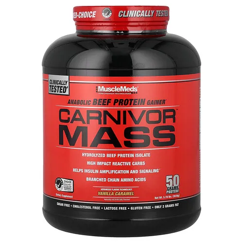 MuscleMeds, Carnivor™ Mass, Suplemento de aumento de peso con proteína anabólica de carne de res, Vainilla y caramelo, 2618 g (5,78 lb)