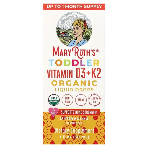 MaryRuth's, Vitamina D3 + K2 en gotas orgánicas para niños pequeños, De 1 a 3 años, Sin sabor, 30 ml (1 oz. Líq.)