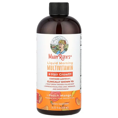 MaryRuth's, Suplemento multivitamínico matutino líquido para favorecer el crecimiento del cabello, Melocotón y mango, 450 ml (15,22 oz. líq.)