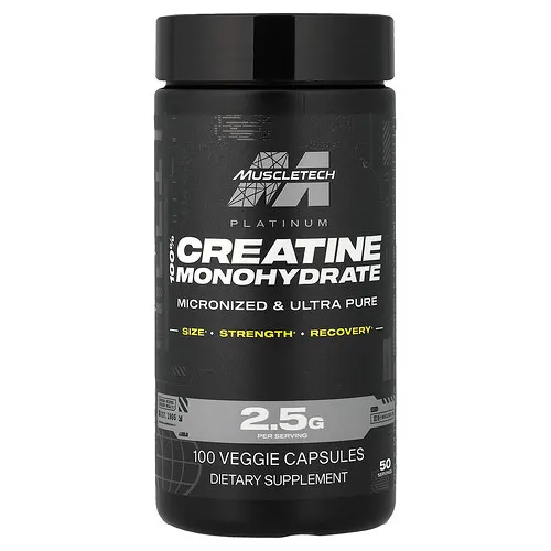 MuscleTech, Platino, Monohidrato de creatina al 100 %, 100 cápsulas vegetales (1,25 g por cápsula)
