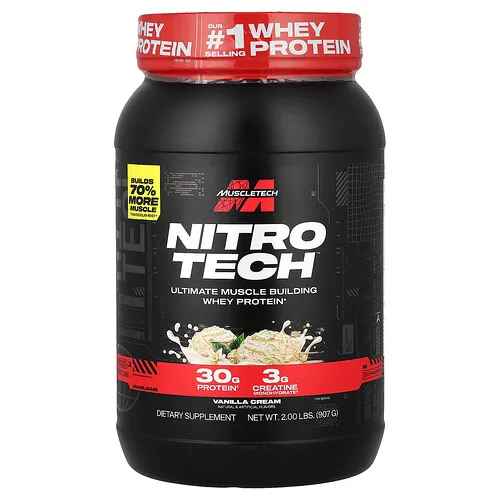 MuscleTech, Nitro-Tech™, Proteína de suero de leche superior para el desarrollo muscular, Crema de vainilla, 907 g (2 lb)