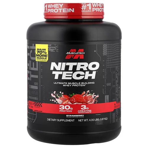 MuscleTech, Línea para mejorar el rendimiento, Nitro Tech, Péptidos de suero de leche y aislado como fuente primaria, Fresa, 1,81 kg (4,00 lb)