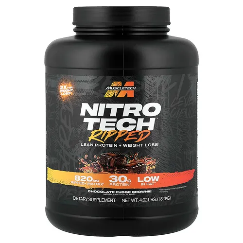 MuscleTech, Nitro-Tech™ Ripped, Suplemento de proteína magra y pérdida de peso, Brownie con ganache de chocolate, 1,82 kg (4,02 lb)