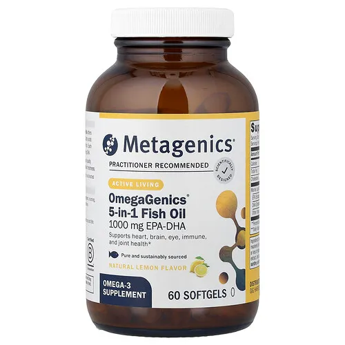 Metagenics, Aceite de pescado 5 en 1 OmegaGenics®, Sabor natural a limón, 60 cápsulas blandas