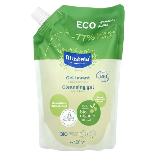 Mustela, Recambio de recarga ecológica, Para la familia, Gel de limpieza para el cabello y el cuerpo, Sin fragancia, 400 ml