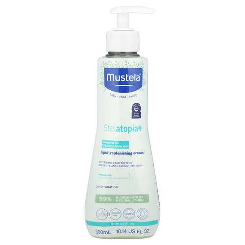 Mustela, Familia, Stelatopia+, Crema relipidizante, Piel extremadamente seca a propensa al eccema, 300 ml (10,14 oz. líq.)