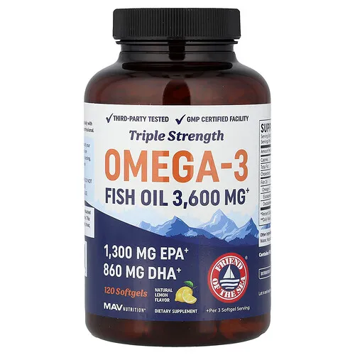 MAV Nutrition, Aceite de pescado con omega-3, Triple concentración, Limón natural, 120 cápsulas blandas