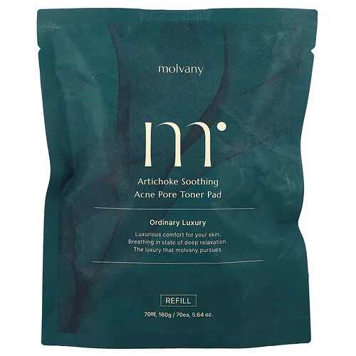Molvany, Alcachofa, Almohadillas tónicas calmantes para el acné y los poros, Repuesto, 70 almohadillas, 160 g (5,64 oz)