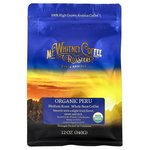Mt. Whitney Coffee Roasters, Café en grano orgánico de Perú tostado medio, 12 oz (340 g)
